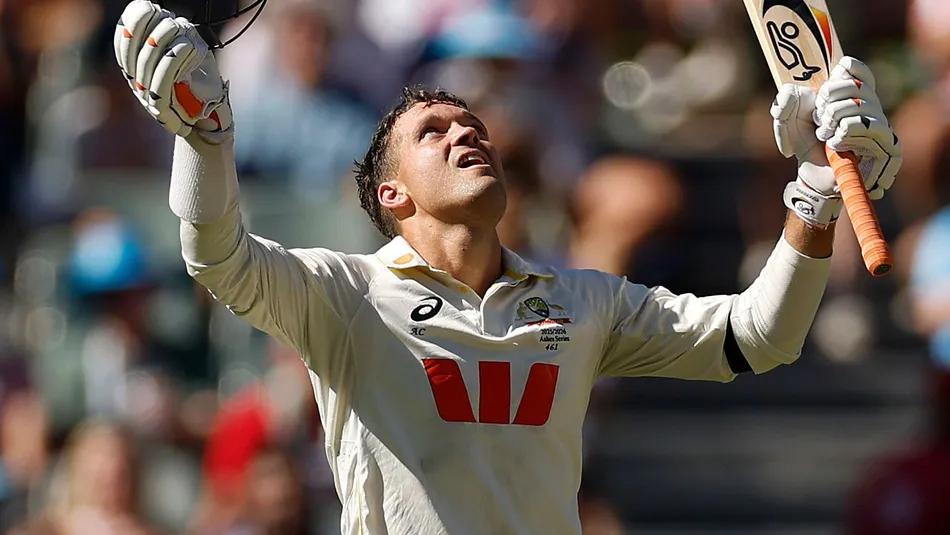 Alex Carey's emotional celebration after reaching his hundred in the third Test against in Adelaide.