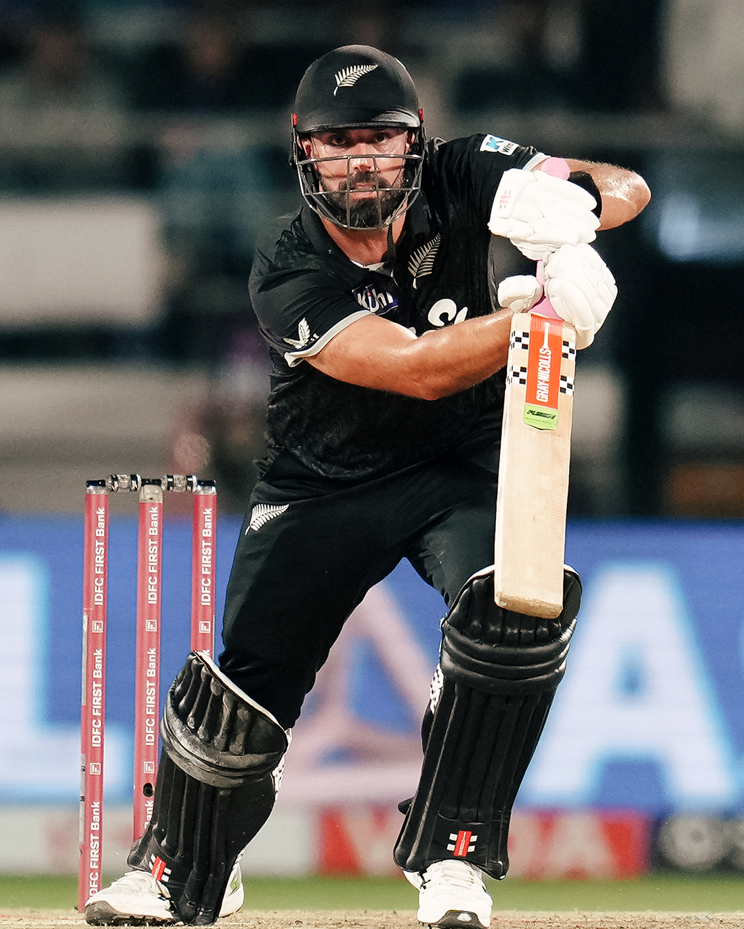 New Zealand's Daryl Mitchell during his unbeaten century against India in the second ODI in Rajkot.