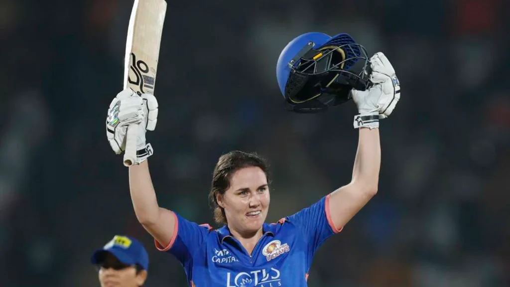 MI's Nat Sciver-Brunt celebrates the first century of WPL against RCB in Vadodara