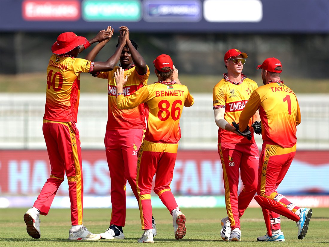 Zimbabwe cricket team celebrates a wicket against Oman in their ICC T20 World Cup 2026 opener in Colombo.