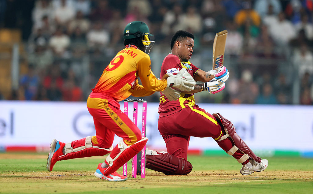 Shimron Hetmyer during his assault against Zimbabwe in the T20 World Cup Super-Eight game against Zimbabwe in Mumbai.