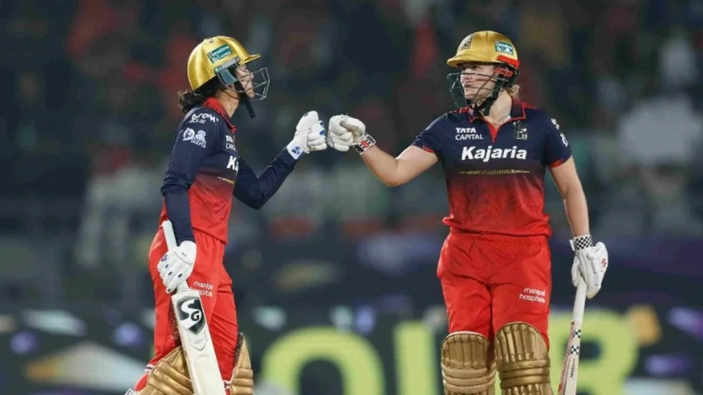 RCB's Smriti Mandhana and Georgia Voll during their rollicking stand against Delhi Capitals in the WPL final in Vadodara. 