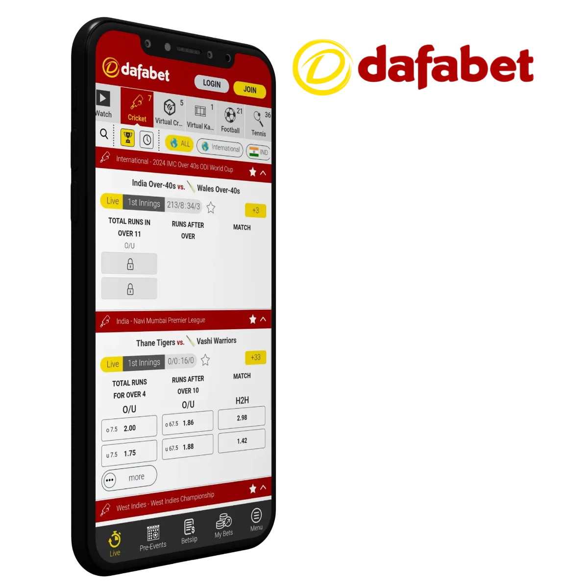 If you download and install the Dafabet mobile app, you will immediately have full access to one-click betting on any cricket event right from the main menu of your device. 