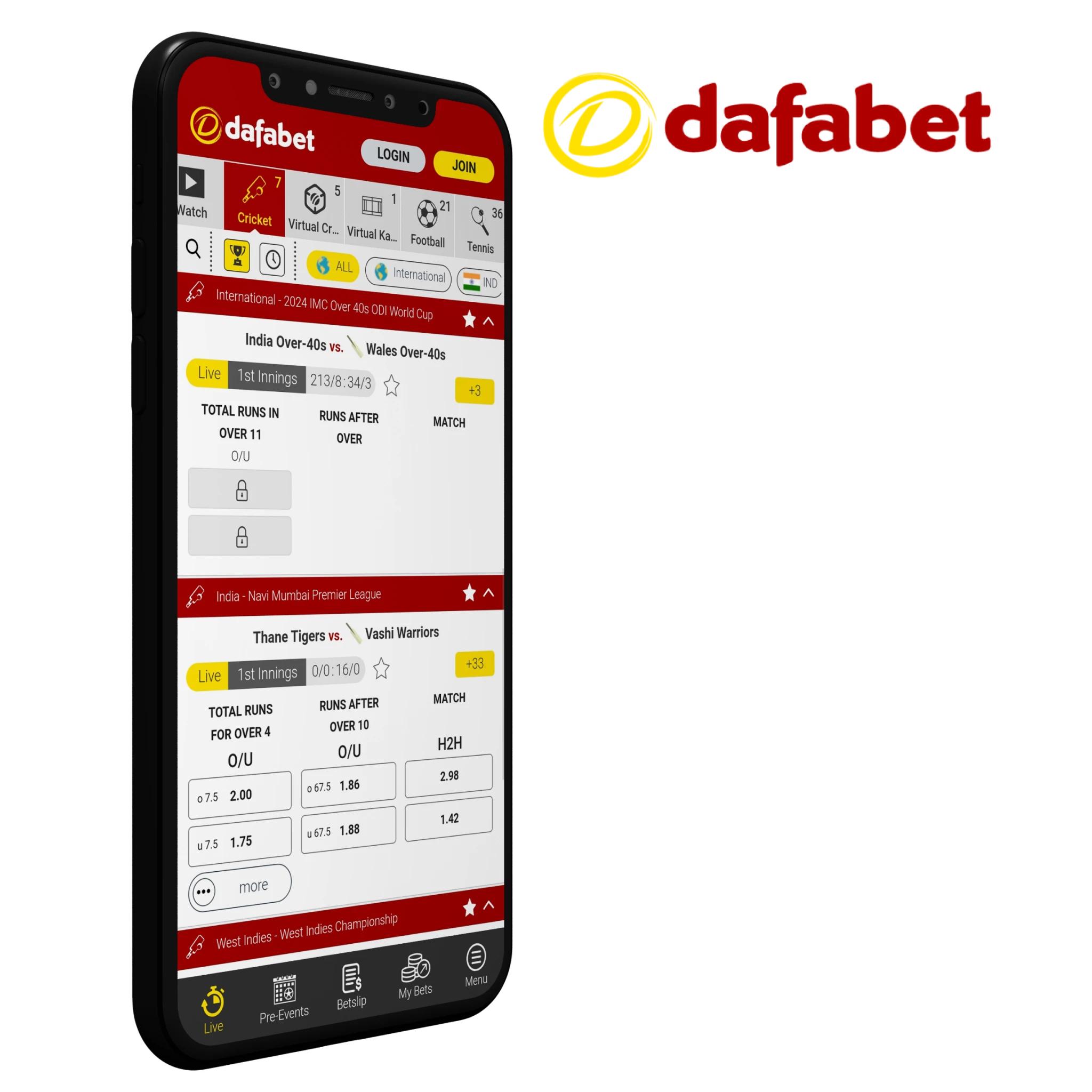 If you download and install the Dafabet mobile app, you will immediately have full access to one-click betting on any cricket event right from the main menu of your device.