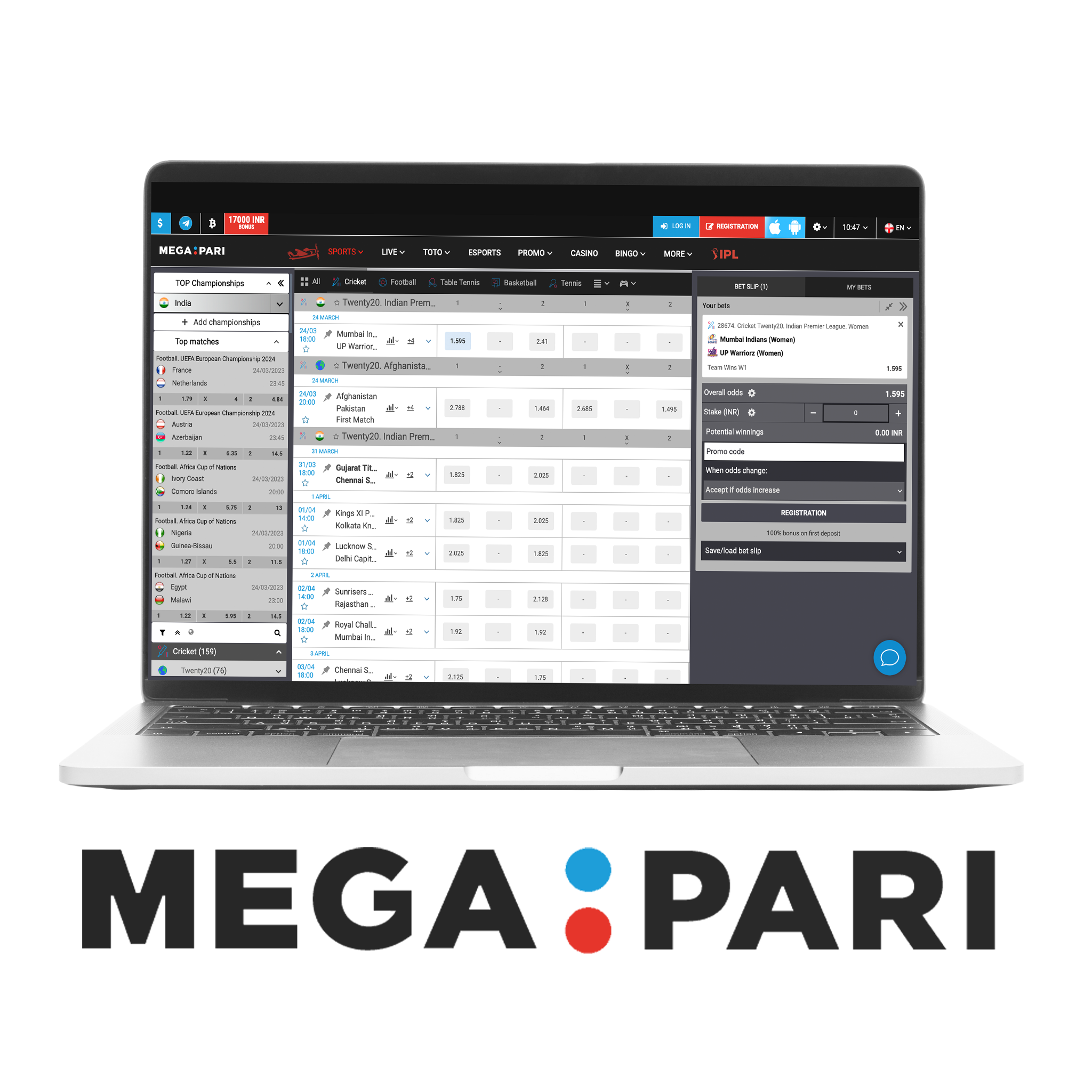 On Megapari you find cricket events available for betting.