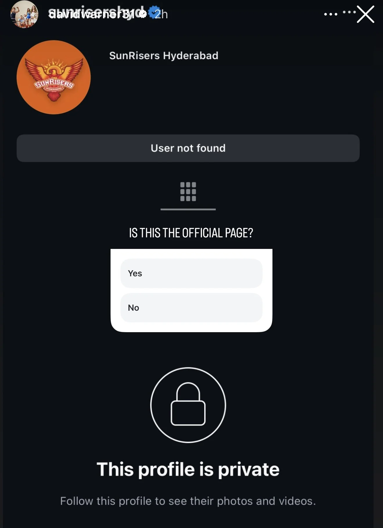 Sunrisers Hyderabad Instagram Profile.