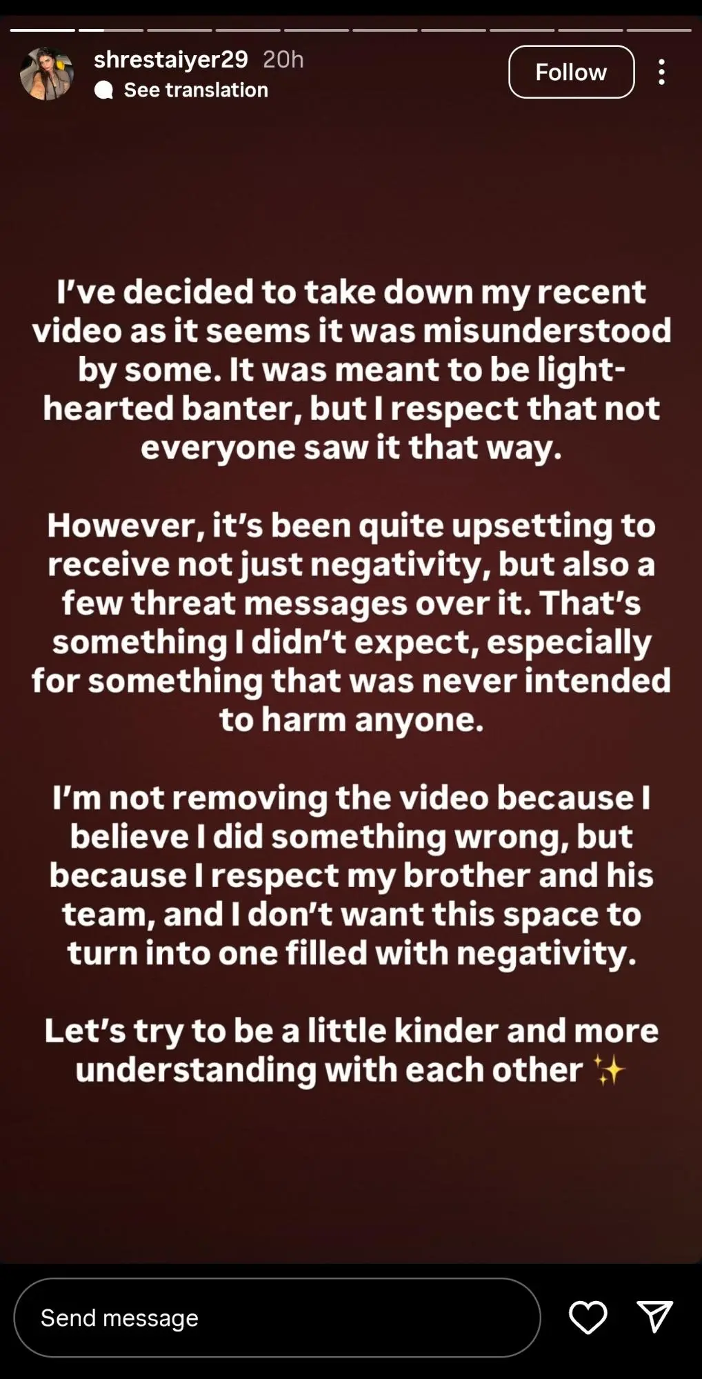 Shresta posted a story to explain what she did.