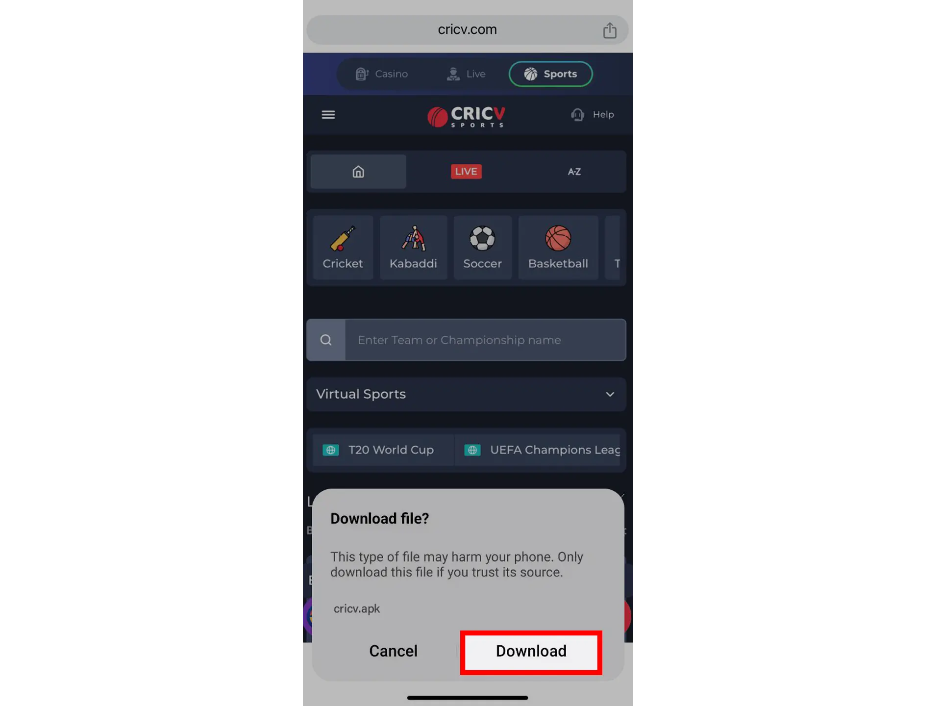 Complete the Apk file download on the CricV website.