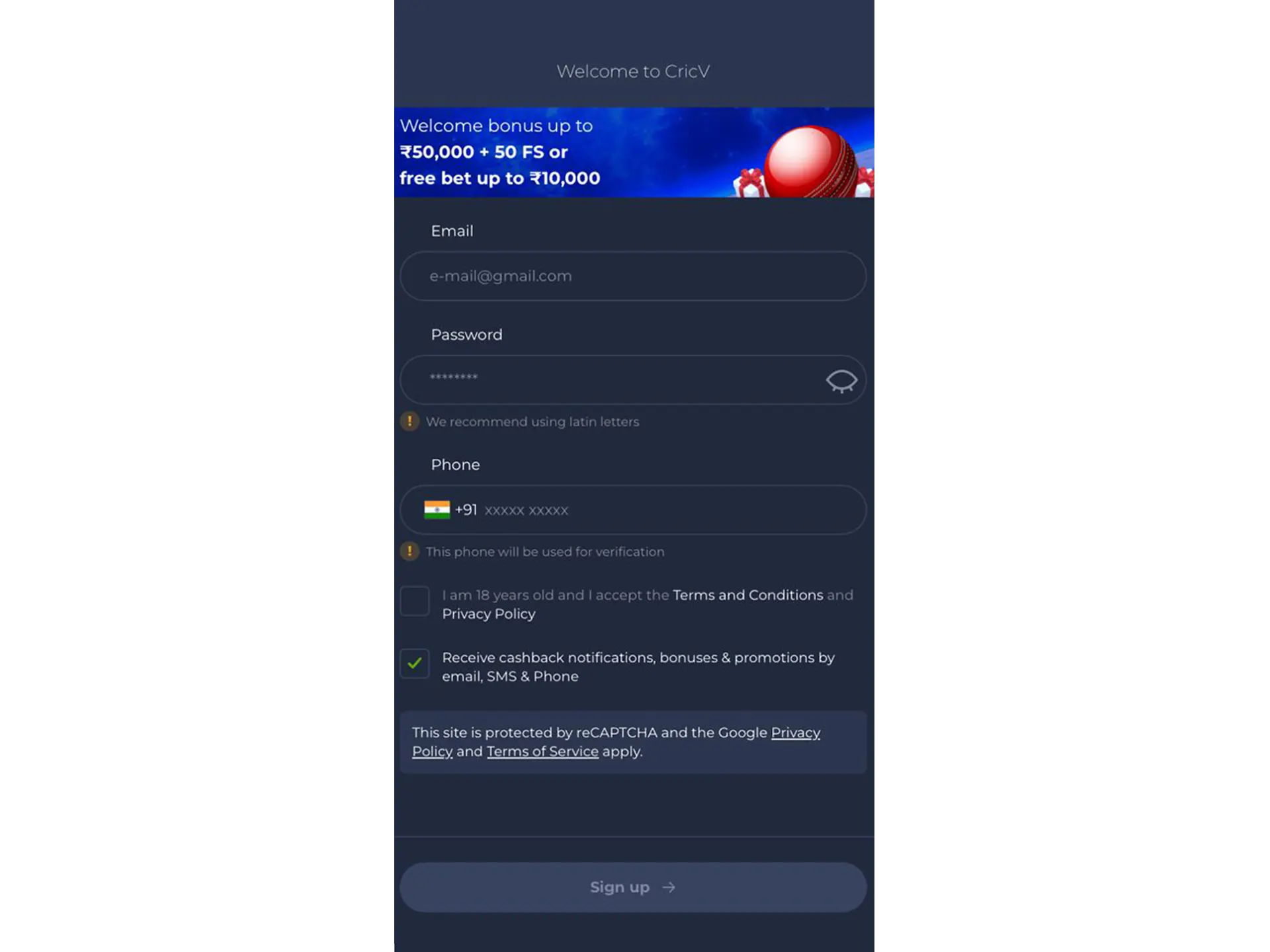 Sign up for CricV using your mobile device.
