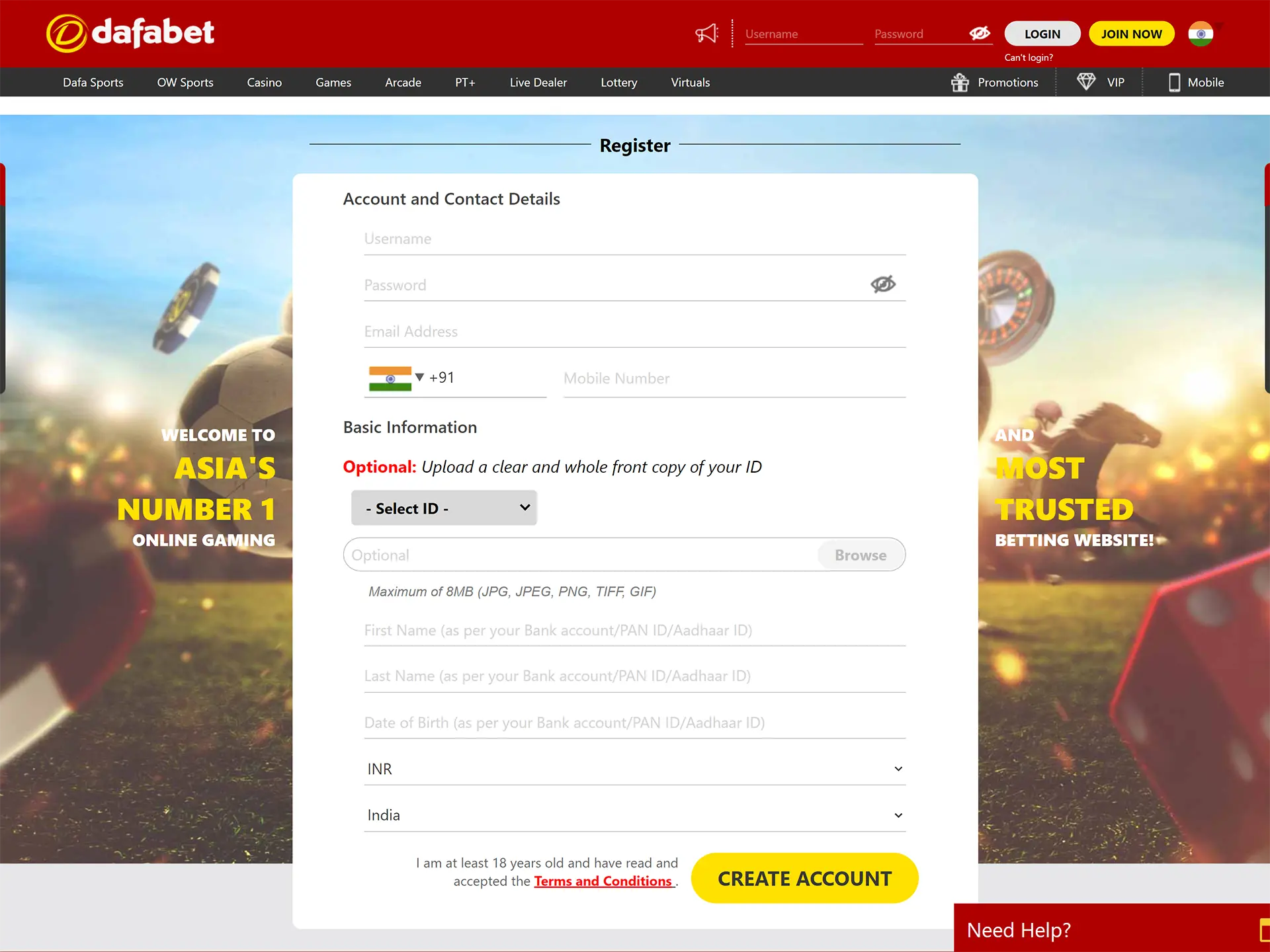 Open the Dafabet registration form, fill in the fields and confirm account creation.
