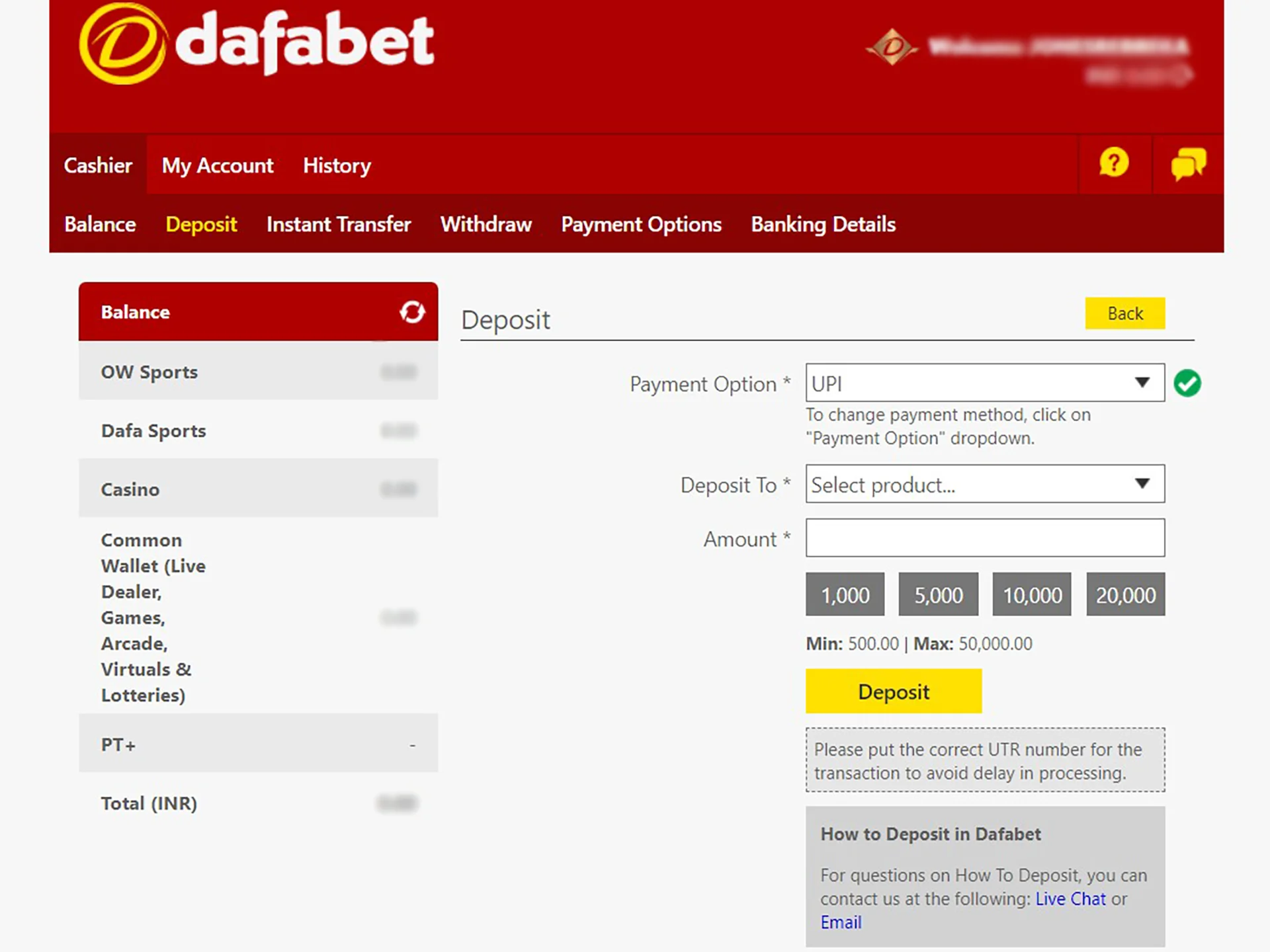 To place bets, top up your Dafabet account balance.