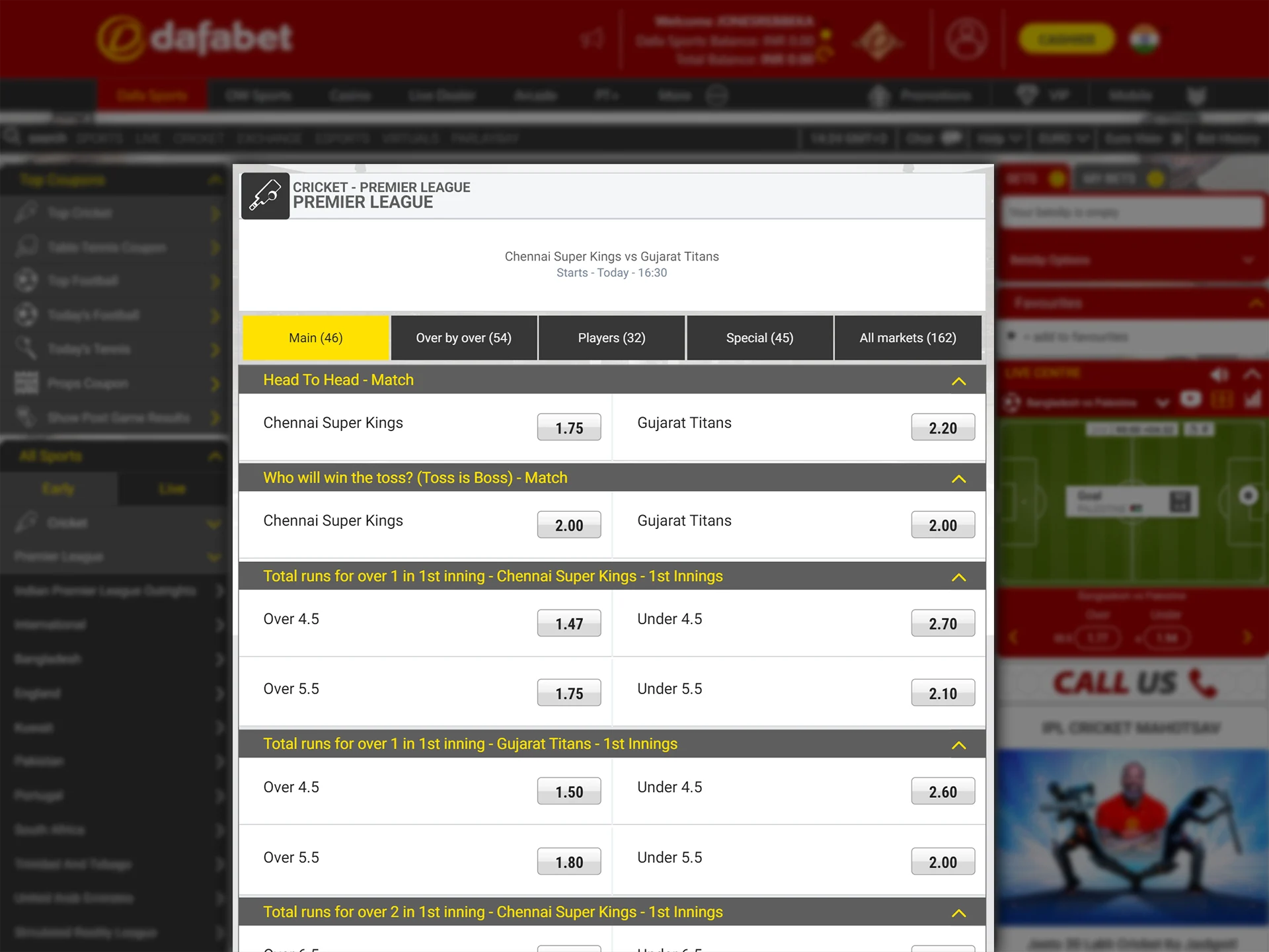 Explore the available betting markets at Dafabet and choose the one that suits you.