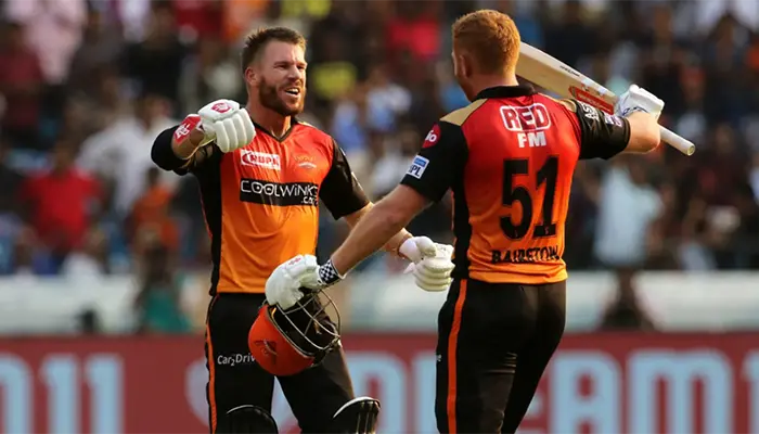 David Warner and Jonny Bairstow jubilantly celebrate their extraordinary partnership.