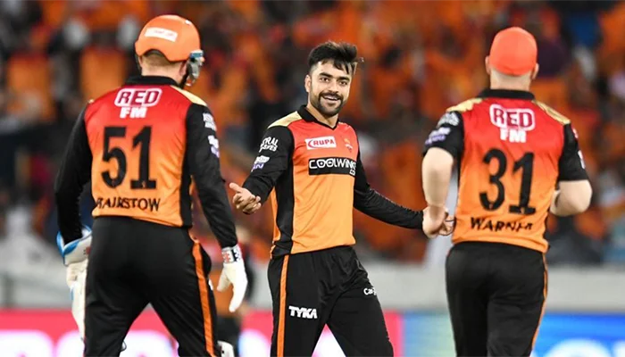 David Warner, Jonny Bairstow and Rashid Khan playing for the Sunrisers Hyderabad.