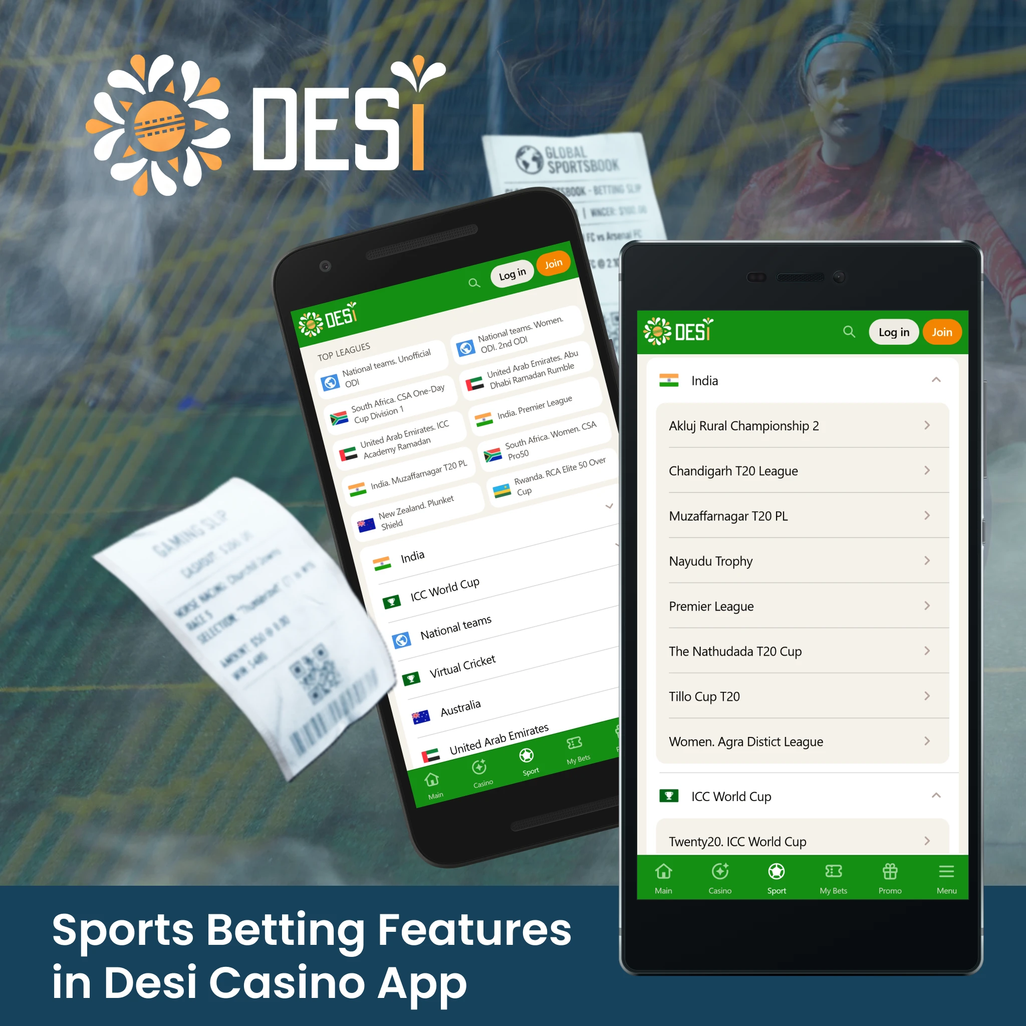 Access live sports markets and betting features in the Desi App.