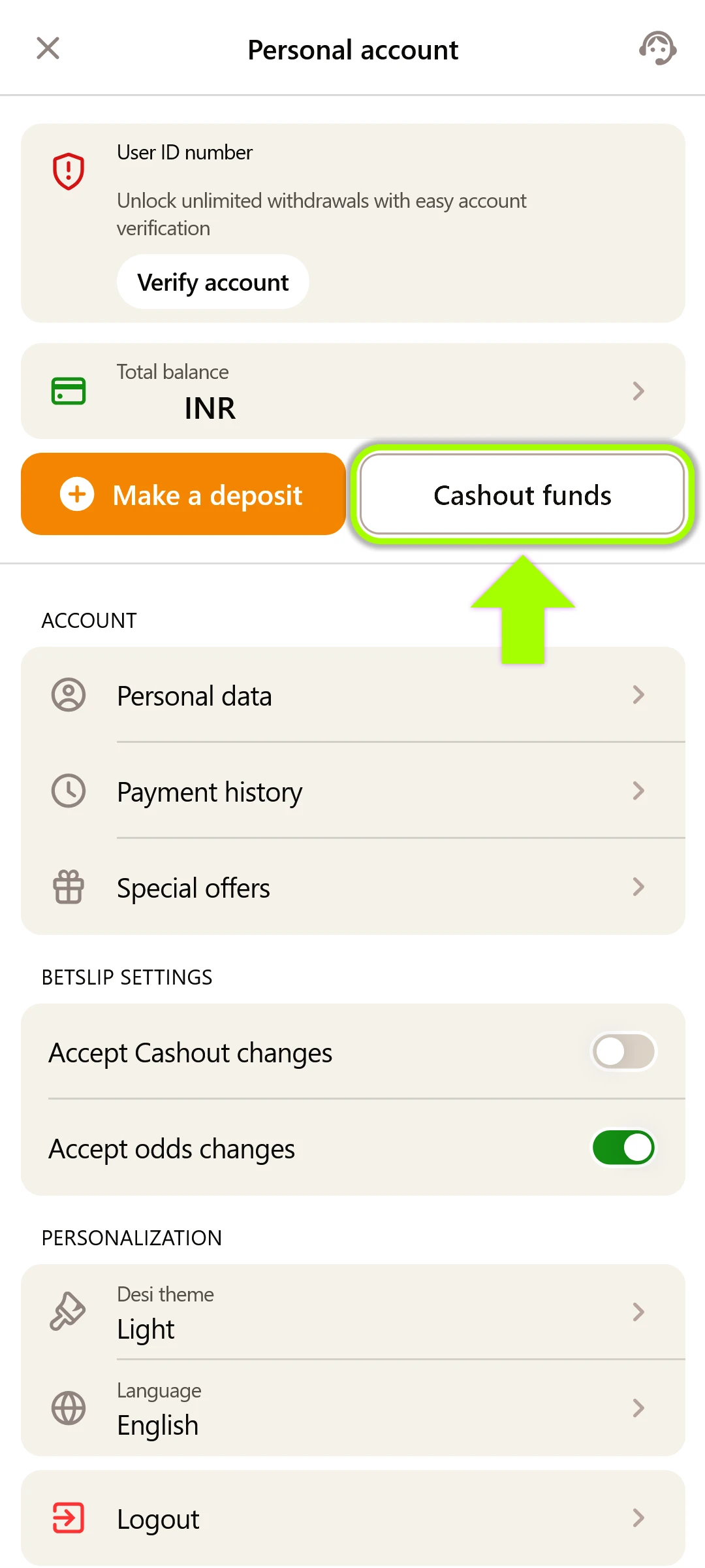Navigate to the banking section and select the withdrawal option in the Desi App.