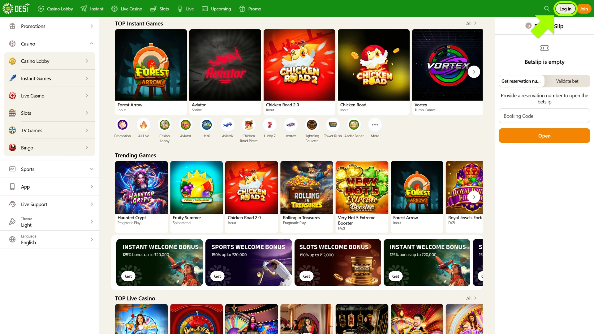 Tap the login button to access the Desi Casino India.