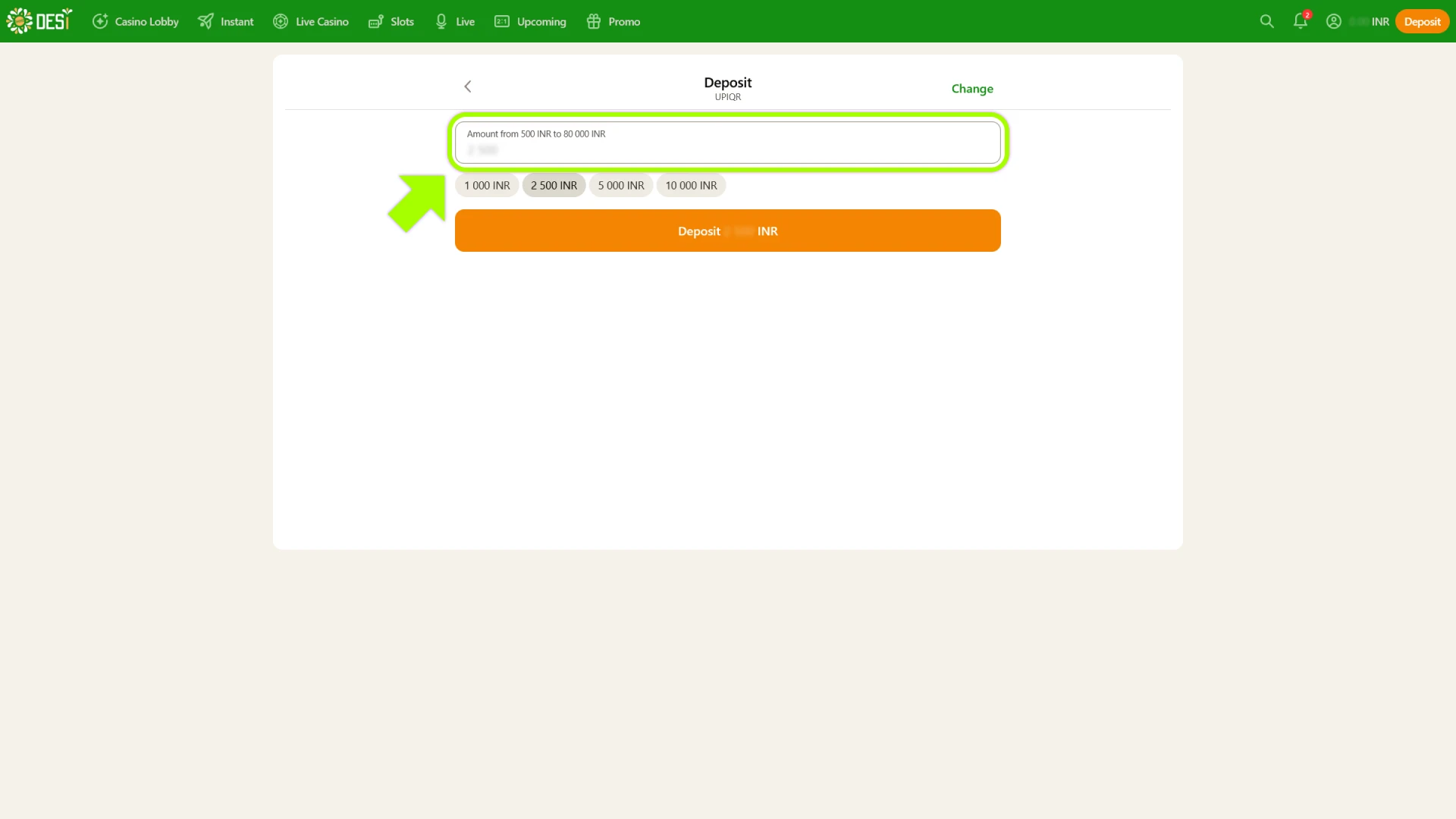 Enter your payment details to make a Desi Casino deposit.