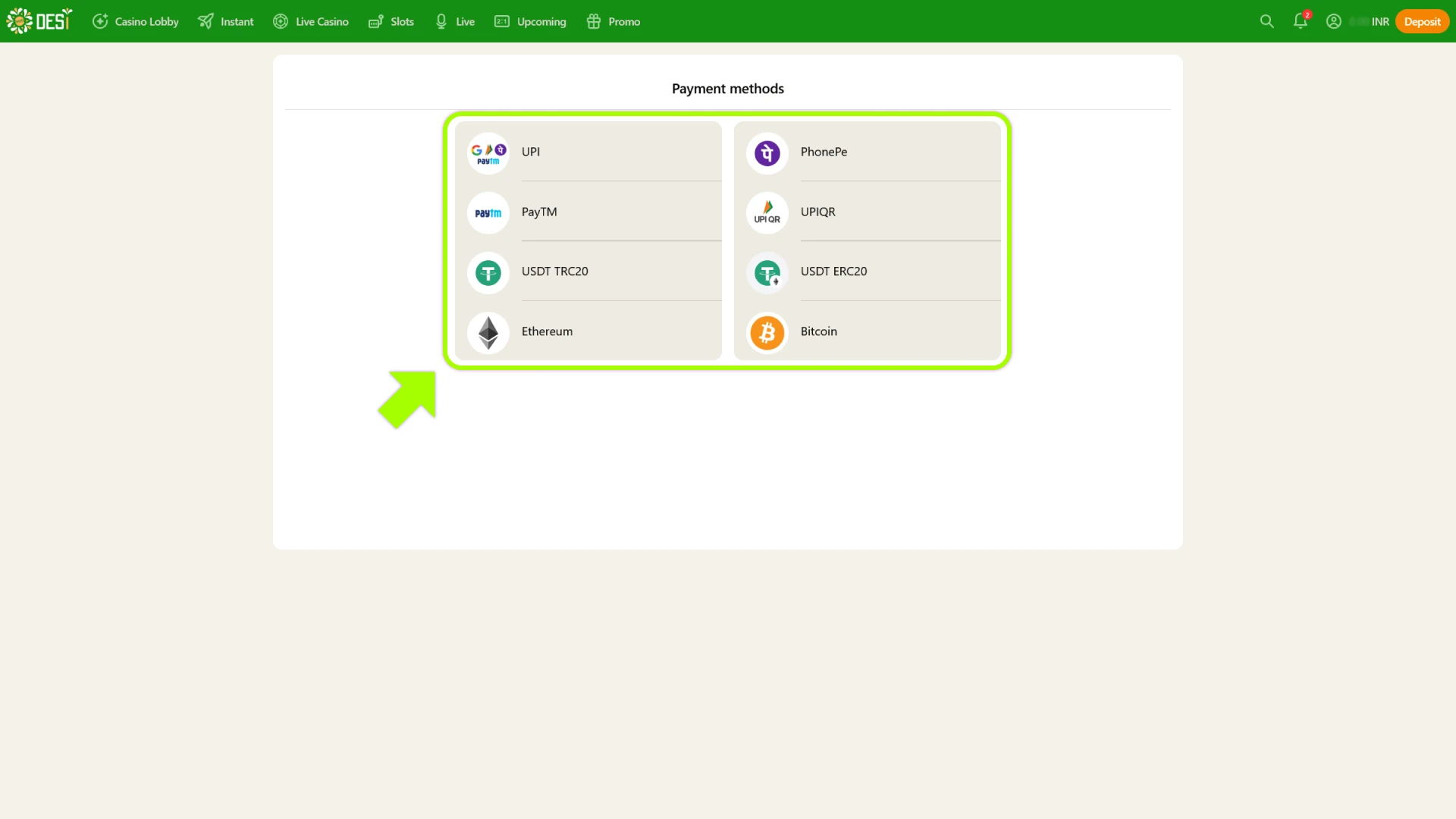 Choose UPI or crypto to fund your Desi Casino account.