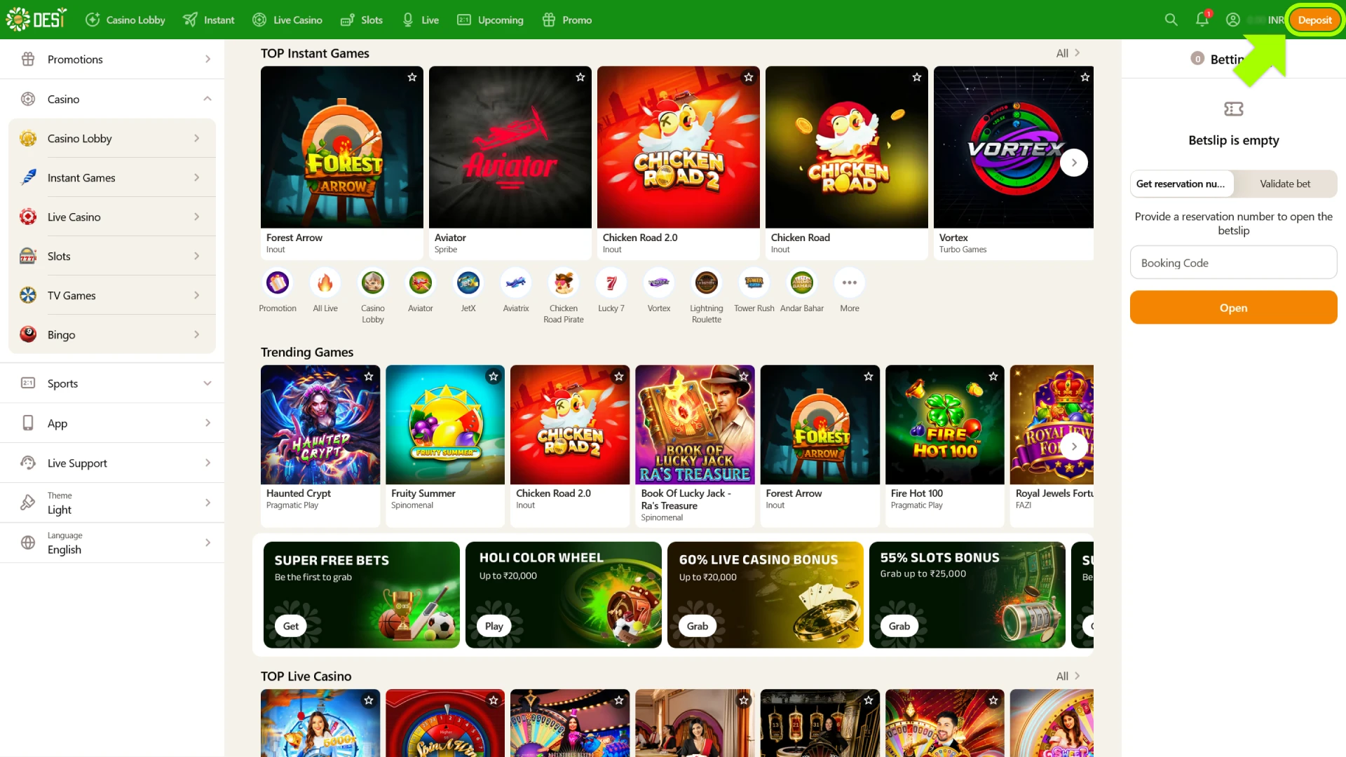 Find and press the deposit button at Desi Casino India.