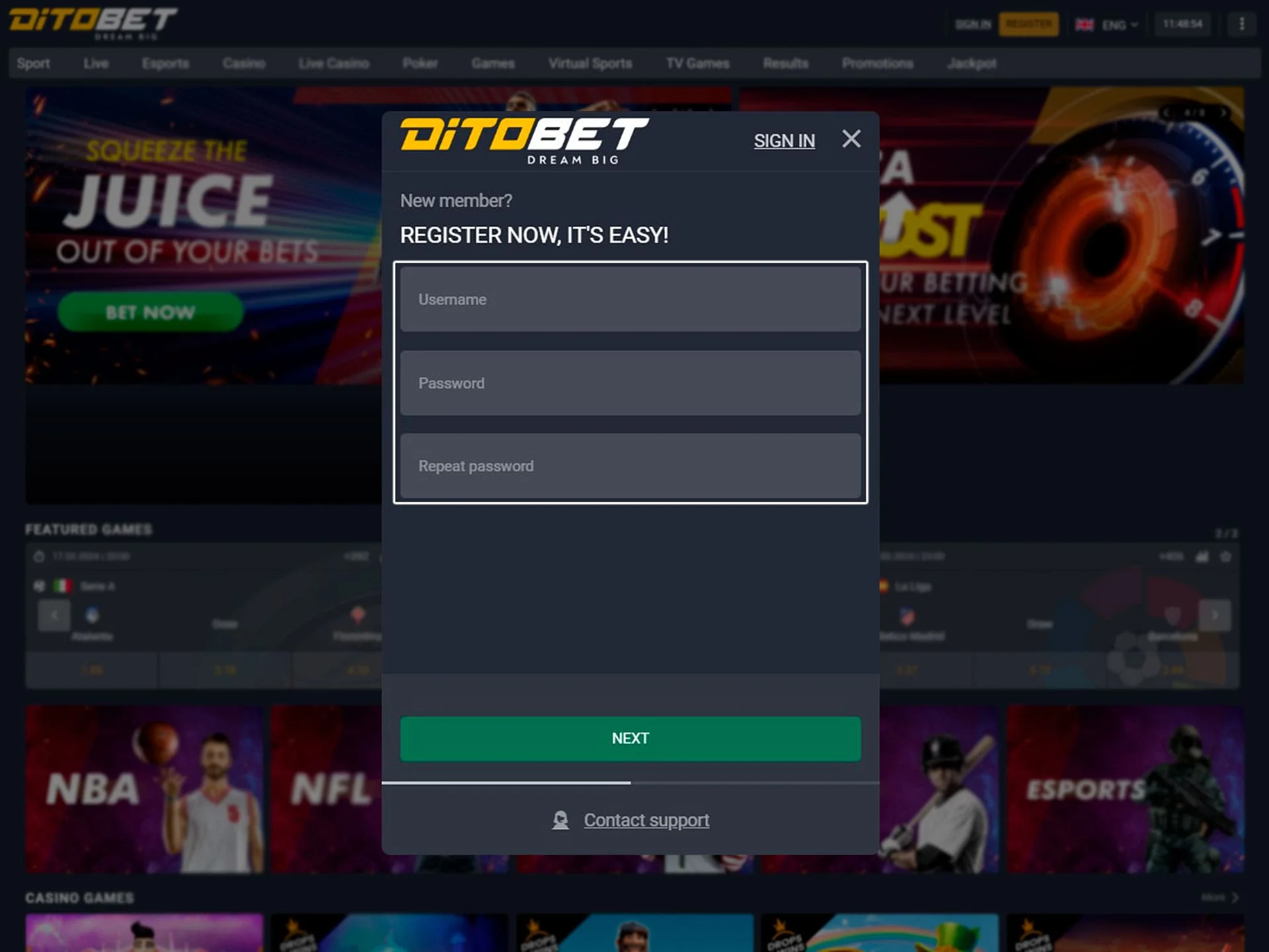 To create an account at Ditobet, fill in the form fields with genuine information.