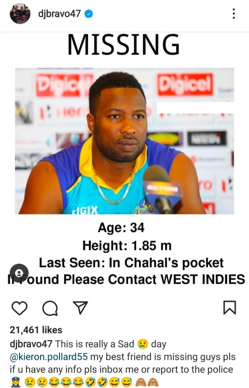 Dwayne Bravo’s Instagram post for Kieron Pollard.