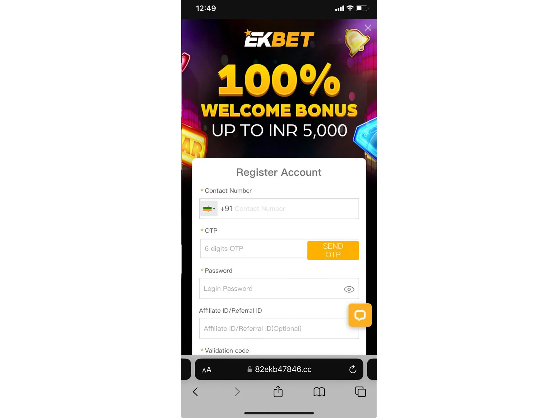 Sign up for EKbet using your mobile device.