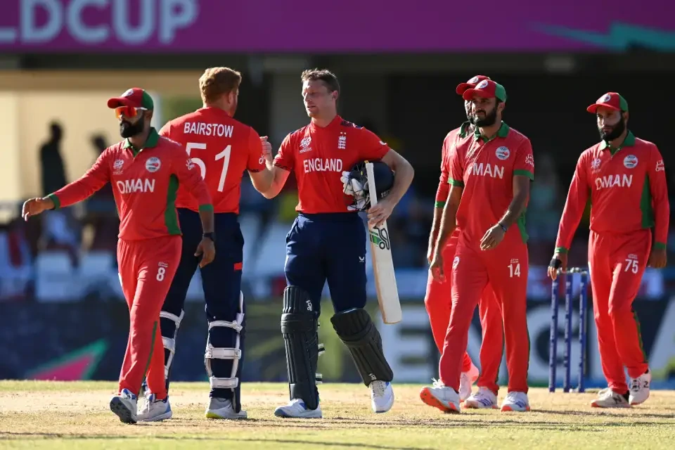 England defeated Oman by 8 wickets.