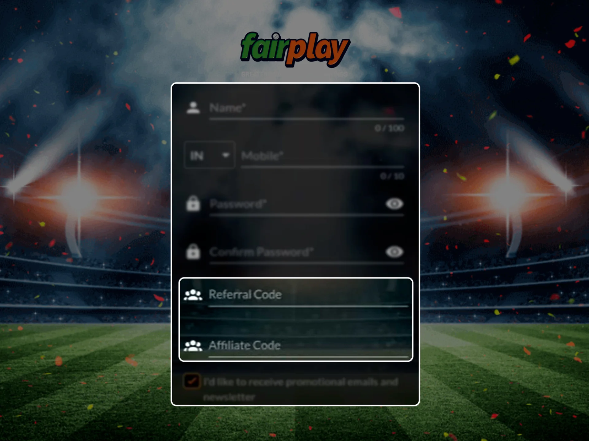 If you have promo codes, enter them in the appropriate fields in the Fairplay registration window.