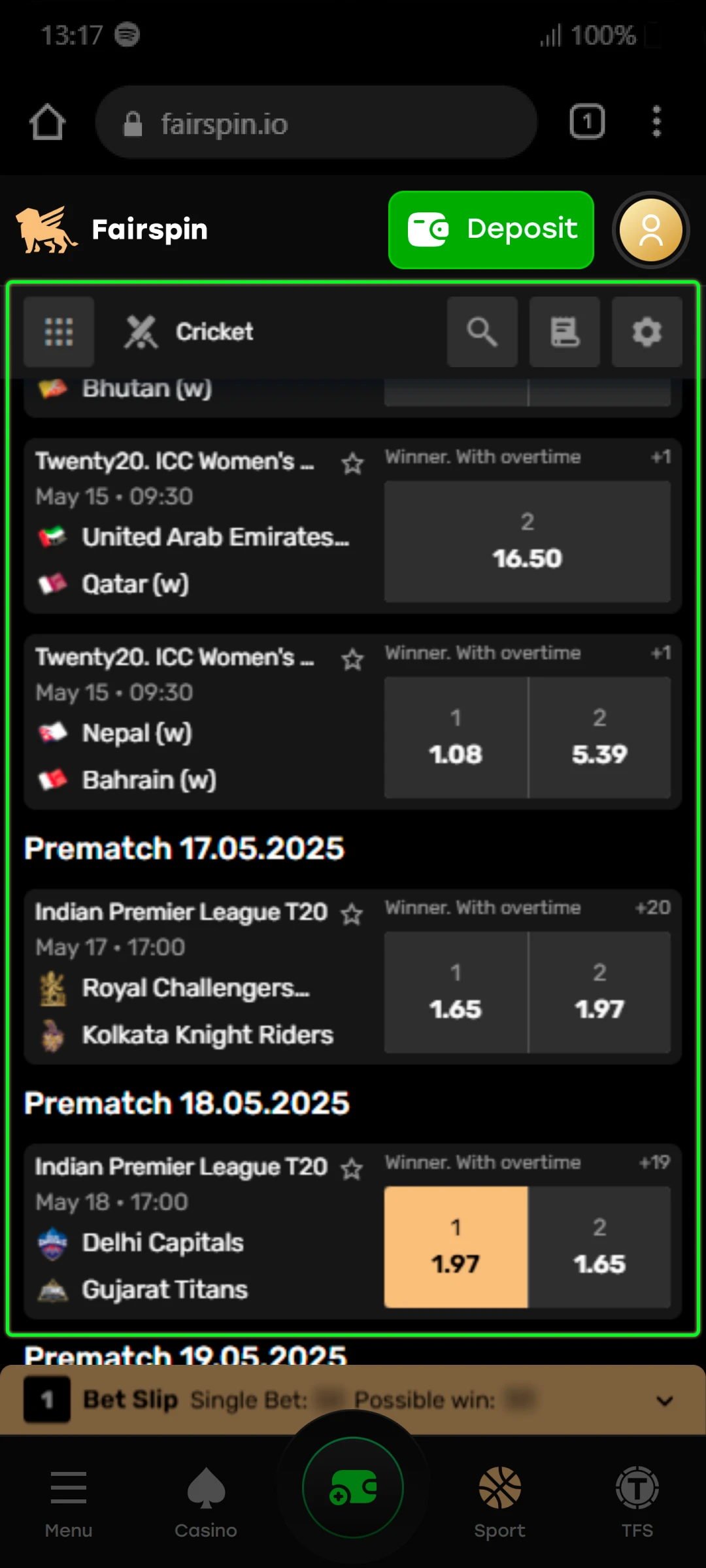 Browse through the sports or events available in the app.