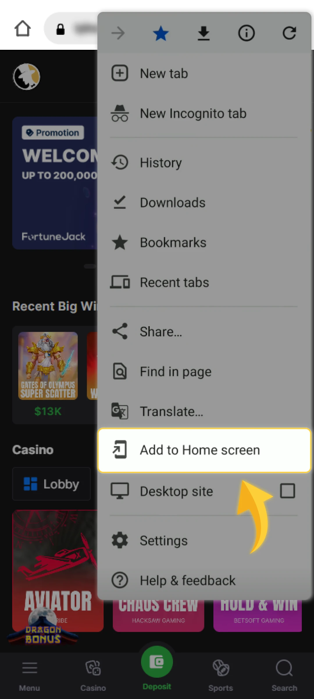 Select “Add to Home Screen” from the options.