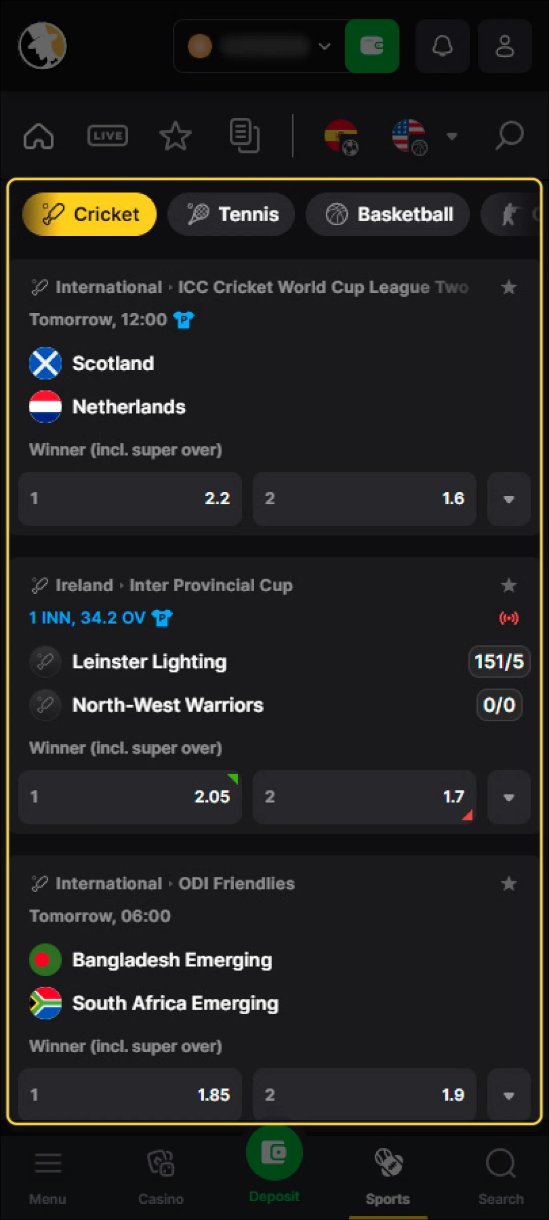 Browse through the available sports and events.