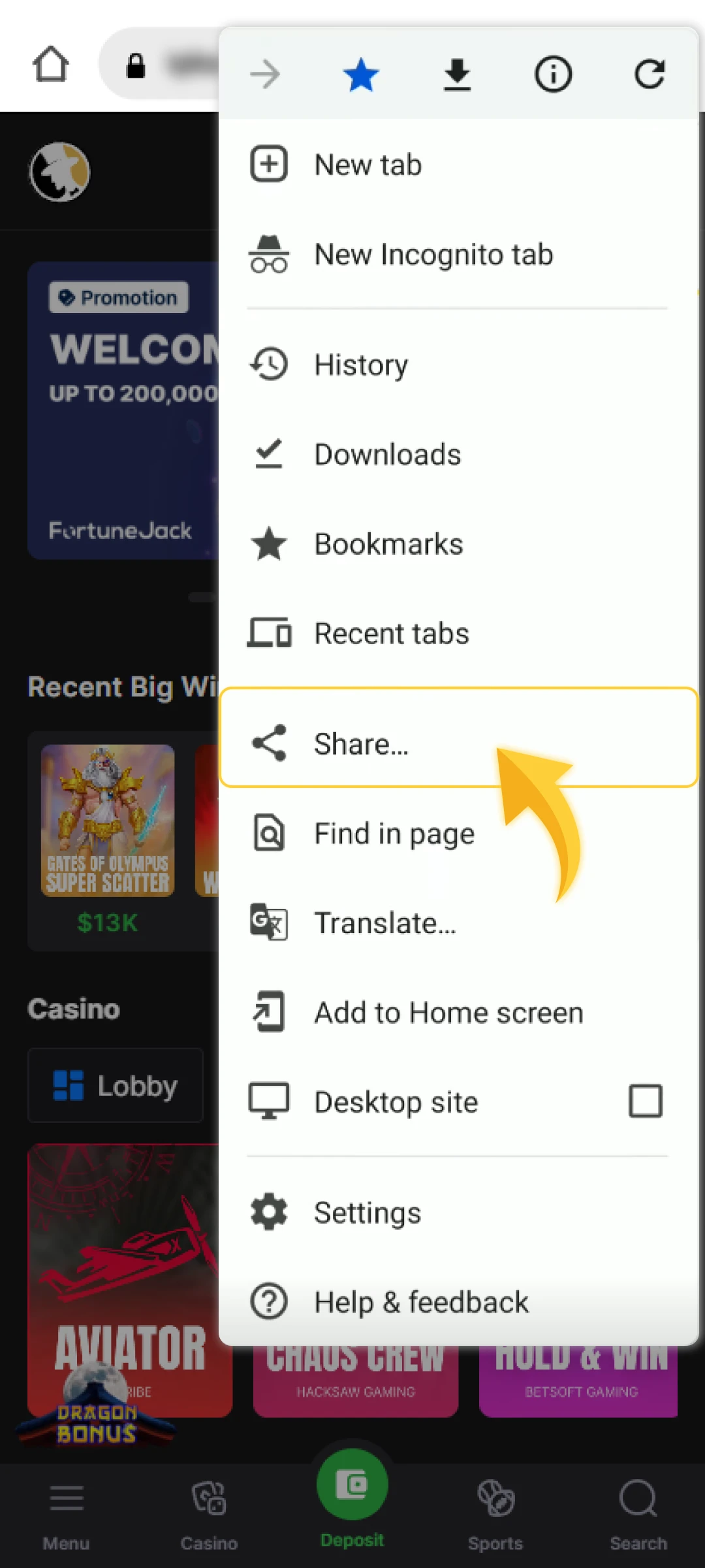 Press the “Share” button on the screen.
