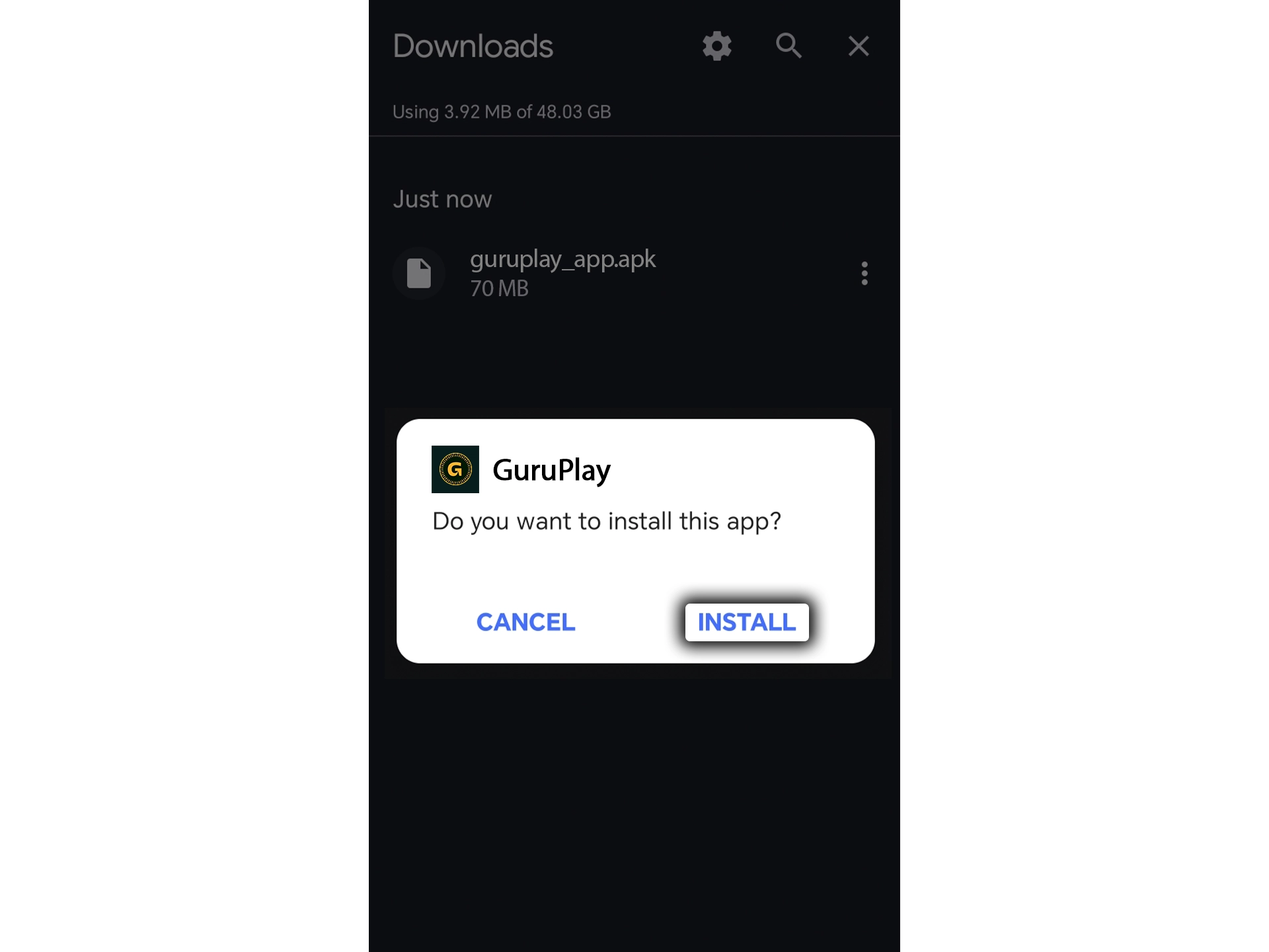 Confirm and complete the installation of the GuruPlay mobile application.