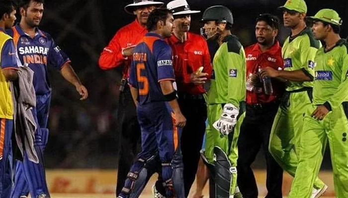 India and Pakistan players fighting during a cricket match.