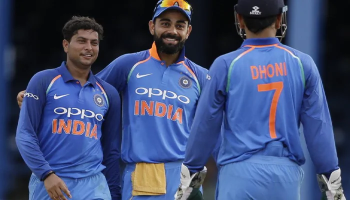 Indian players wearing the jersey sponsored by OPPO.