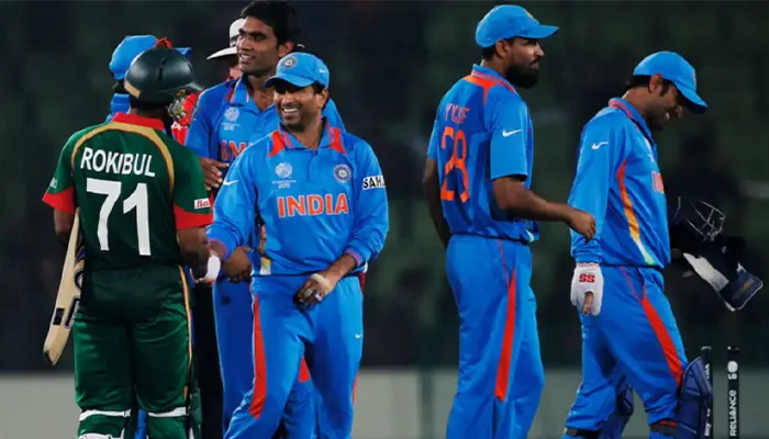 Indian team celebrating after winning the match against Bangladesh in the 2011 ODI World Cup.