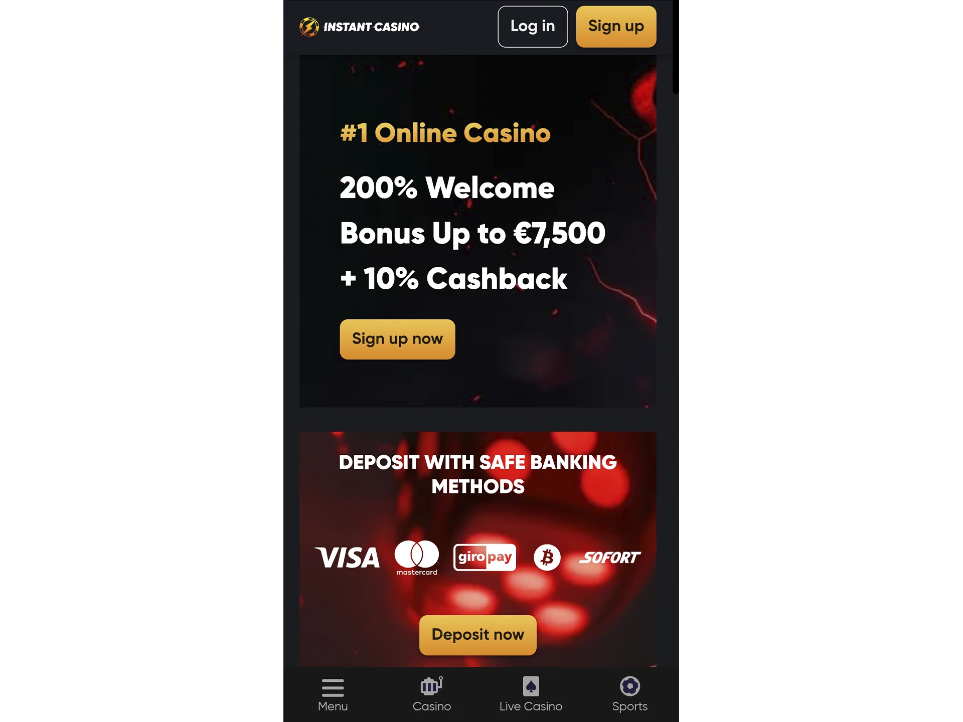 Open the Instant Casino website on the mobile browser.