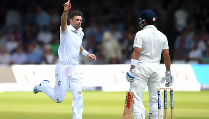 James Anderson celebrates after dismissing Virat Kohli in the 2014 England-India Test series.