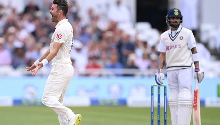 James Anderson celebrates after picking the wicket of Virat Kohli in the match.