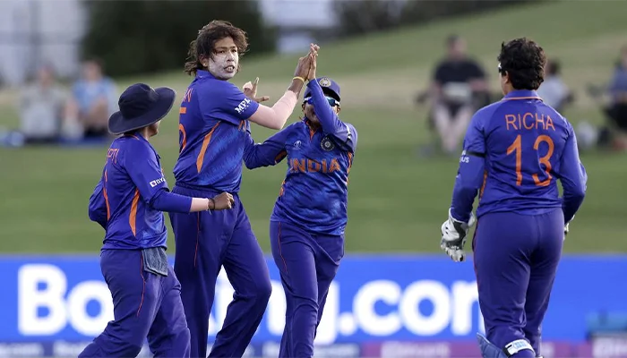 Jhulan Goswami celebrating after taking a wicket.