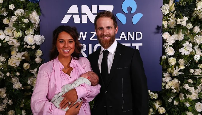 Kane Williamson with his wife Sarah Raheem and their newborn baby at an award ceremony of the New Zealand cricket team.