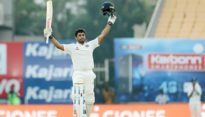 Karun Nair celebrating his triple century against England.