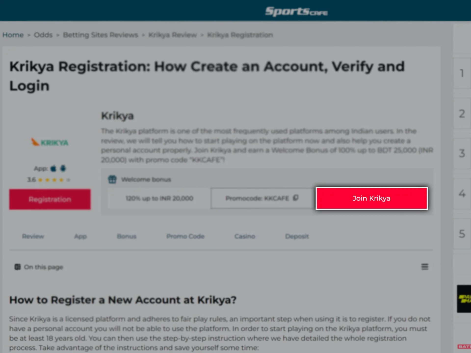 Use the red registration button at the top of the page to get to the Krikya website.