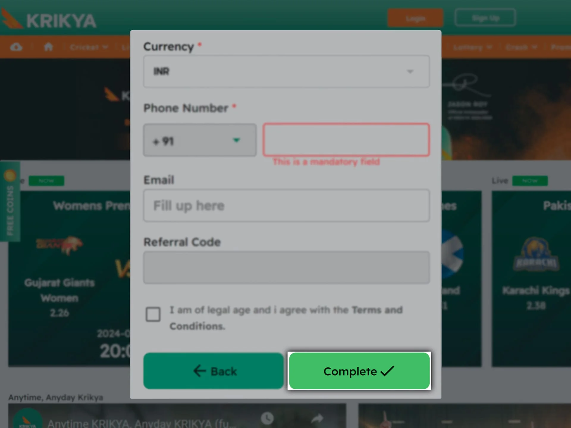 Confirm your account creation at Krikya and start playing.