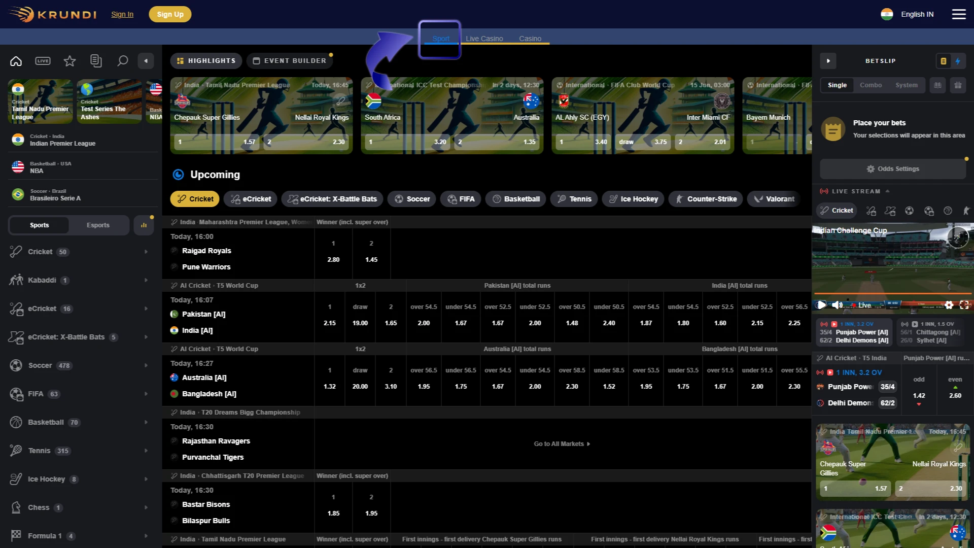 Navigate to Your Preferred Betting Section on Krundi website.
