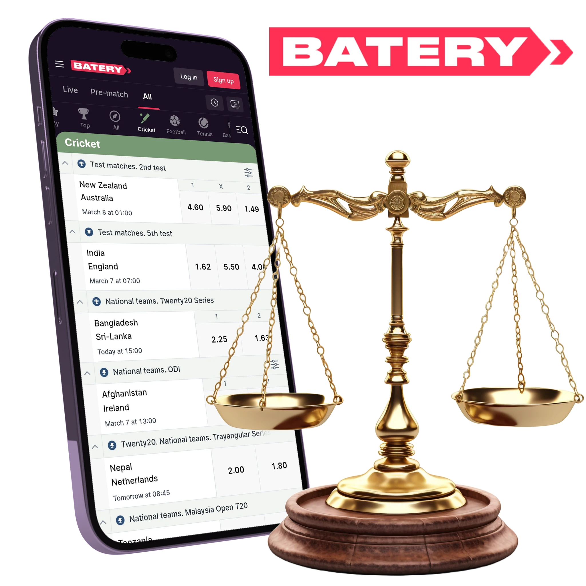 Download Batery app and enjoy legal betting on cricket.