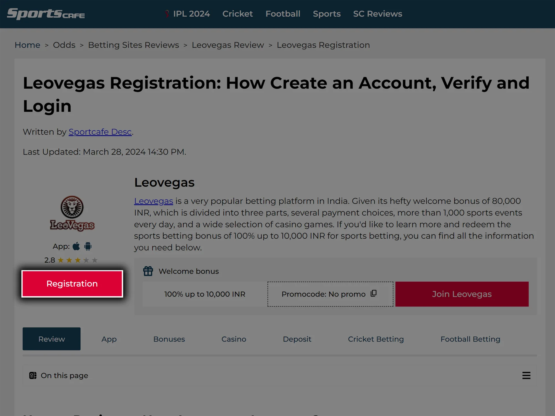 Open the Leovegas website by clicking on the link.