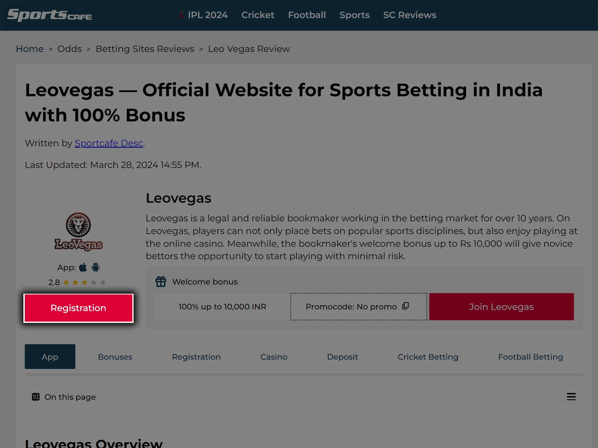 Go to the Leovegas website using the link in the review header.