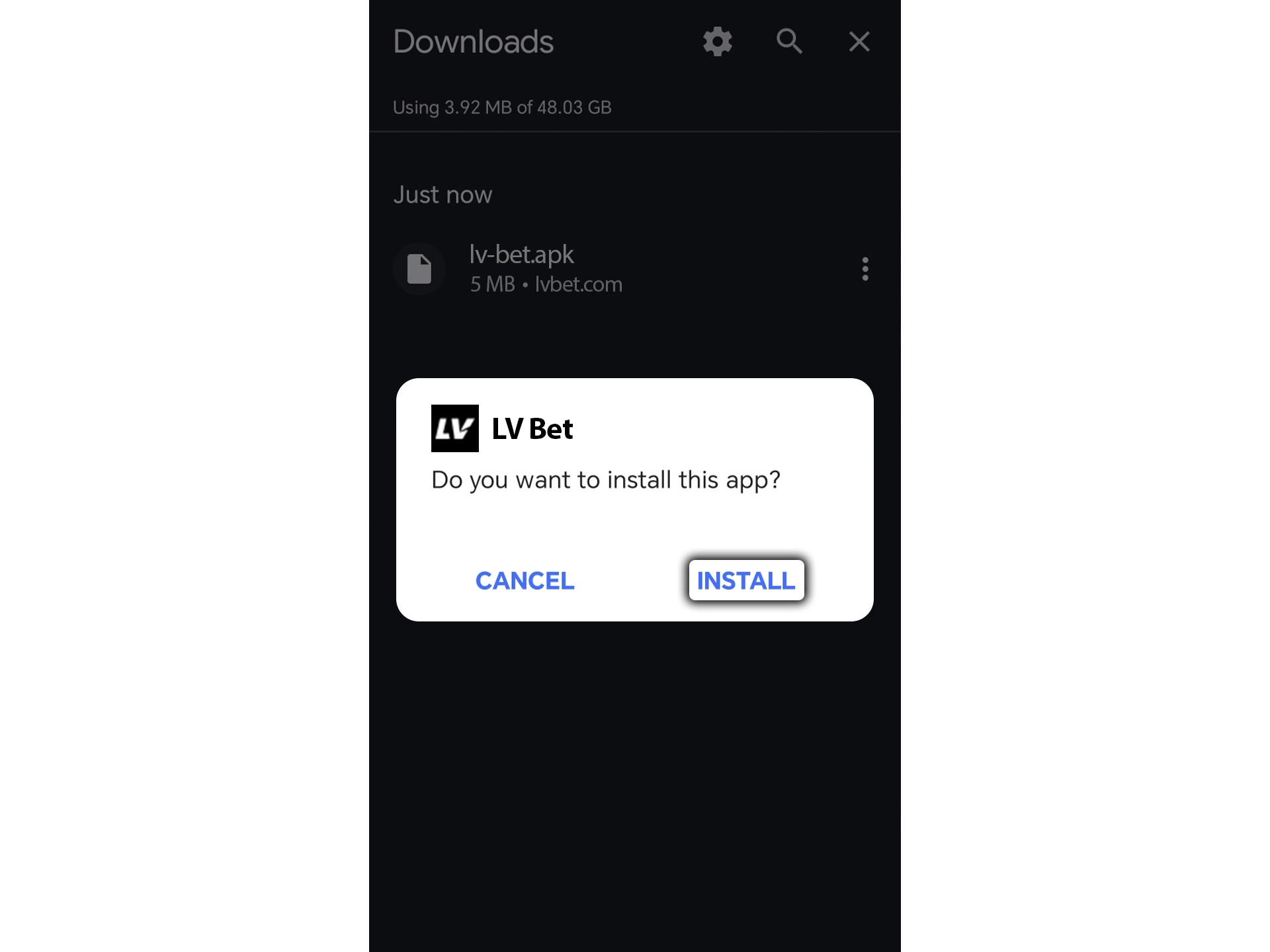 Confirm the installation of the LV Bet mobile app on your Android device.